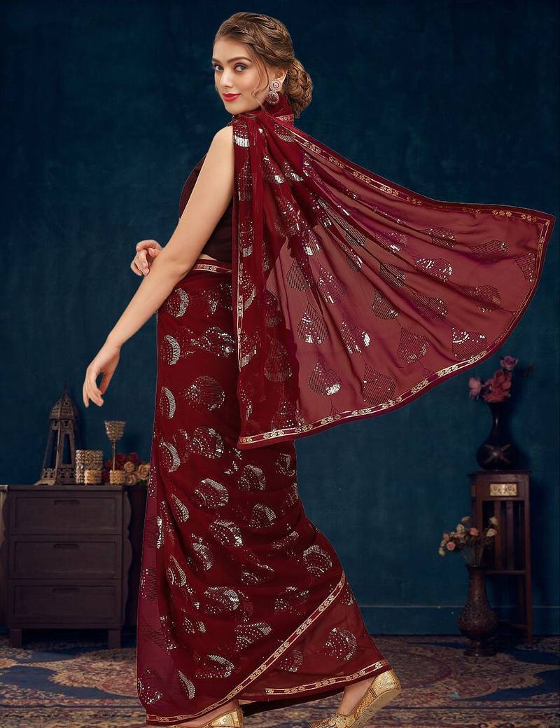 Burgundy sequence embellished pure georgette saree with unstitched blouse