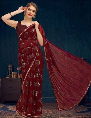 Burgundy sequence embellished pure georgette saree with unstitched blouse 4