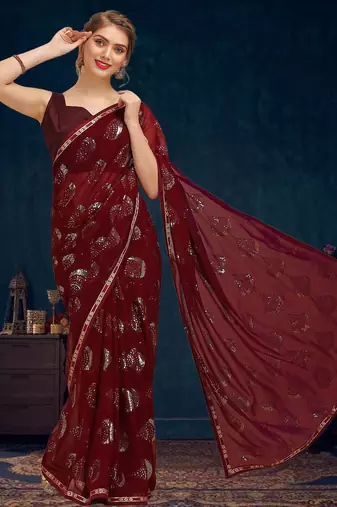 Burgundy sequence embellished pure georgette saree with unstitched blouse