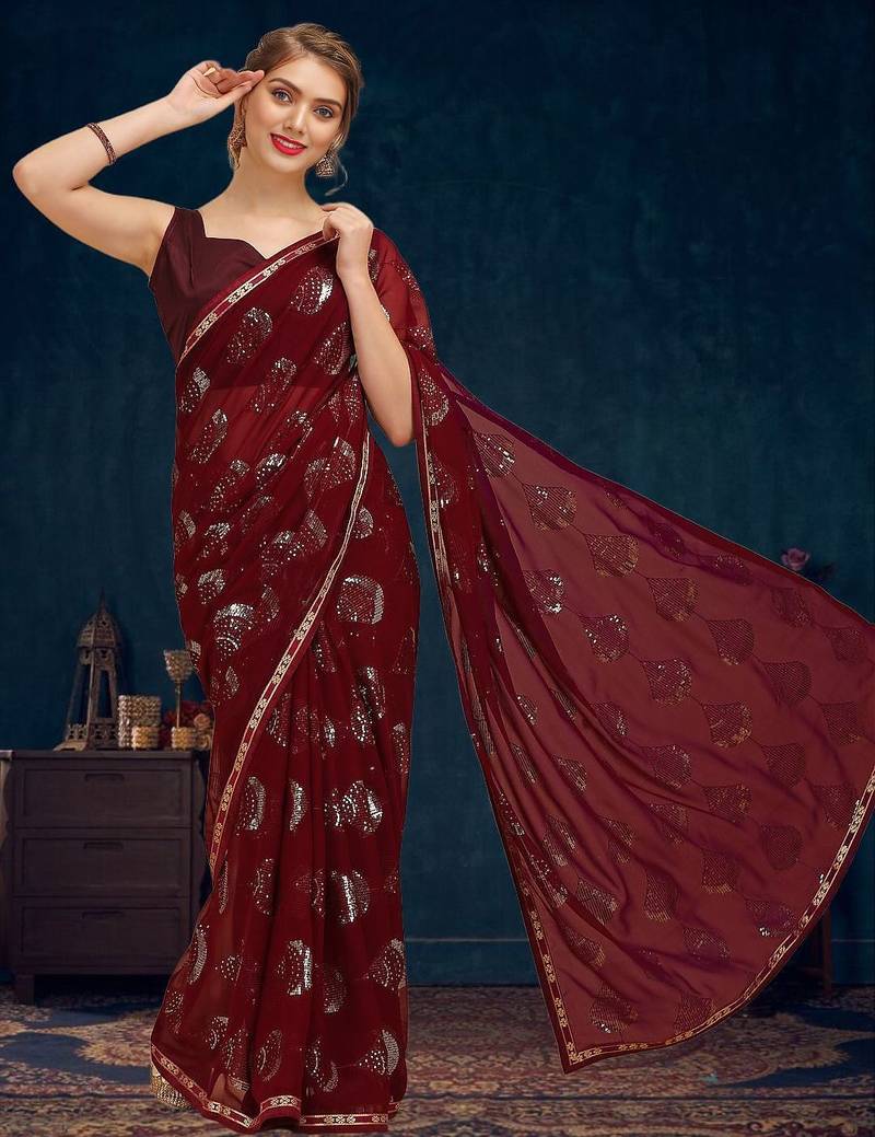 Burgundy sequence embellished pure georgette saree with unstitched blouse