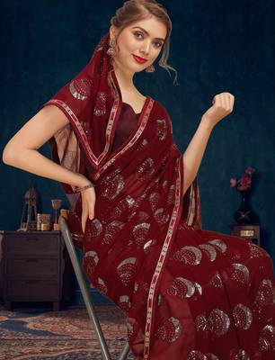 Burgundy sequence embellished pure georgette saree with unstitched blouse 5