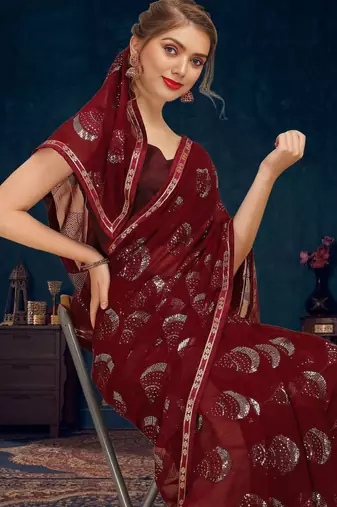 Burgundy sequence embellished pure georgette saree with unstitched blouse