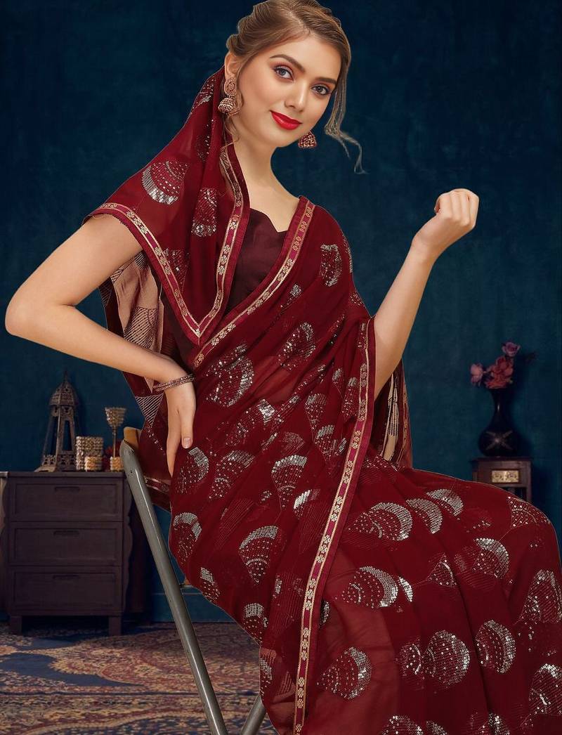 Burgundy sequence embellished pure georgette saree with unstitched blouse