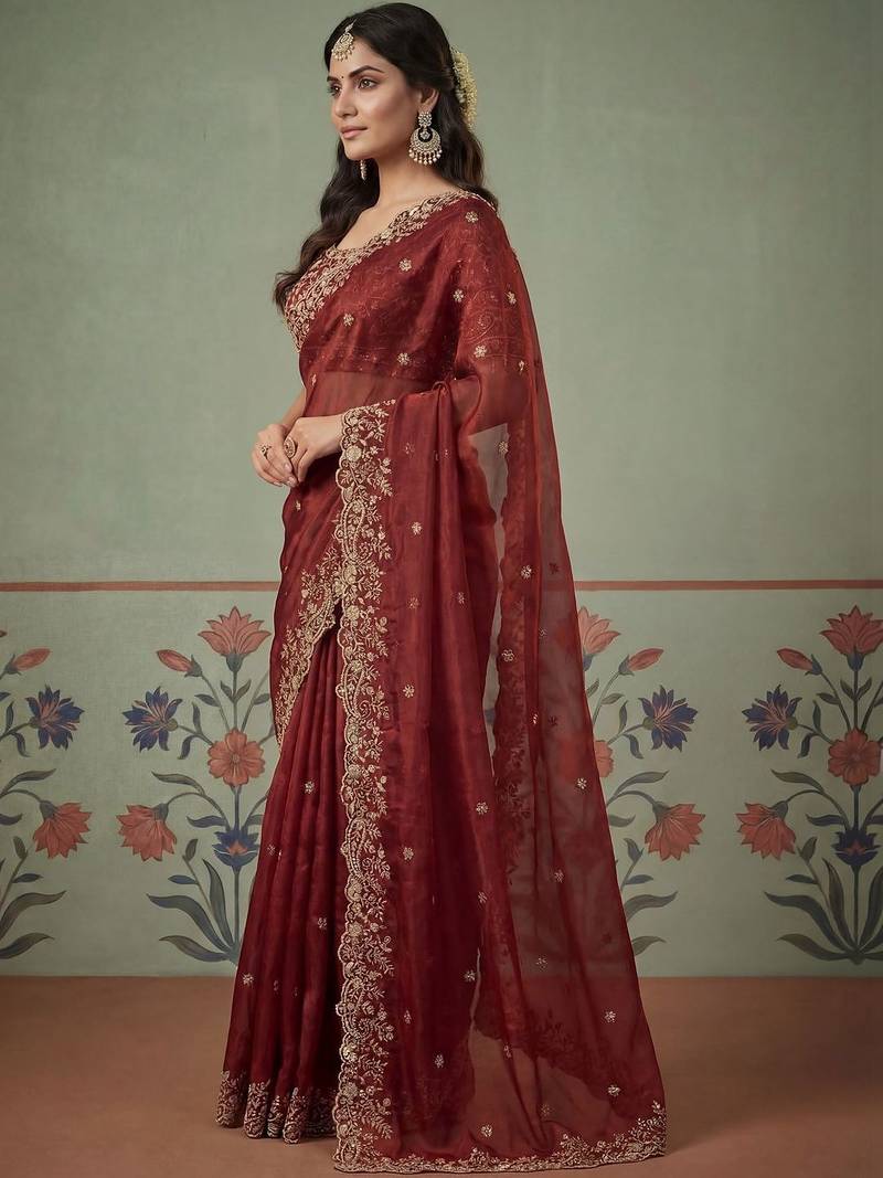 Maroon tissue maroon solid zari sarees