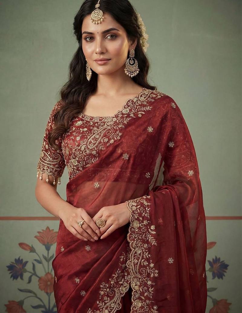 Maroon tissue maroon solid zari sarees