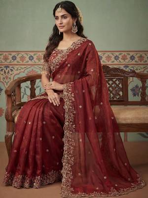 Maroon tissue maroon solid zari sarees 5