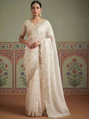 White embroidered banarasi sarees with unstitched blouse piece 1