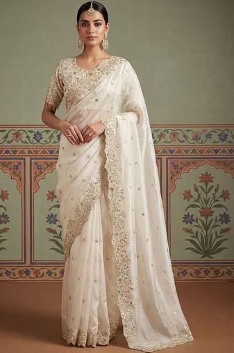 White embroidered banarasi sarees with unstitched blouse piece