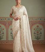 White embroidered banarasi sarees with unstitched blouse piece