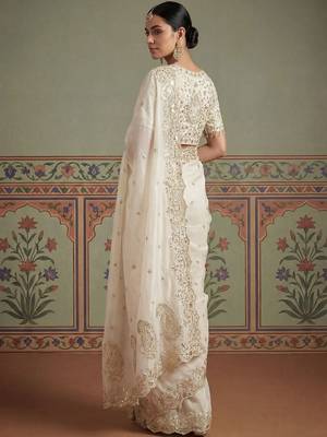 White embroidered banarasi sarees with unstitched blouse piece 2