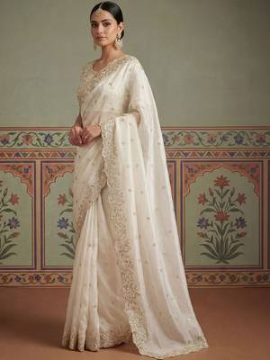 White embroidered banarasi sarees with unstitched blouse piece 3