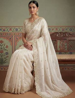 White embroidered banarasi sarees with unstitched blouse piece 4