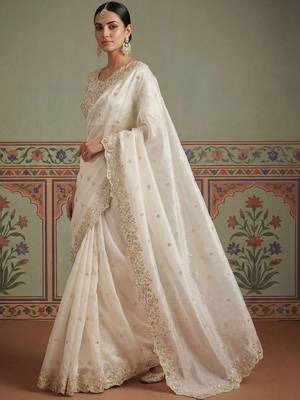 White embroidered banarasi sarees with unstitched blouse piece 5