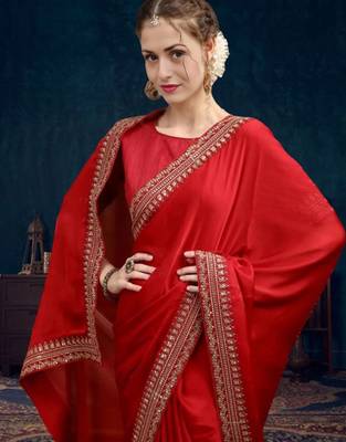 Red embroidered heavy work sarees with blouse piece 1