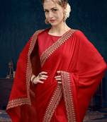 Red embroidered heavy work sarees with blouse piece