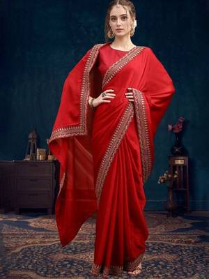 Red embroidered heavy work sarees with blouse piece 2