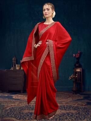 Red embroidered heavy work sarees with blouse piece 3