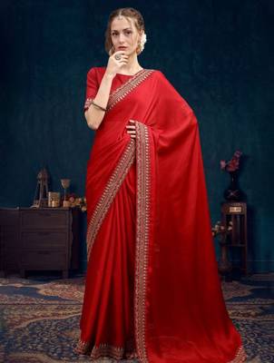Red embroidered heavy work sarees with blouse piece 4