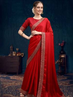 Red embroidered heavy work sarees with blouse piece 5