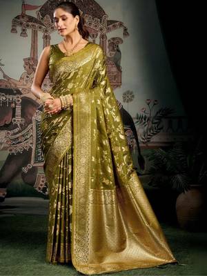 Olive woven design zari art silk banarasi saree 1