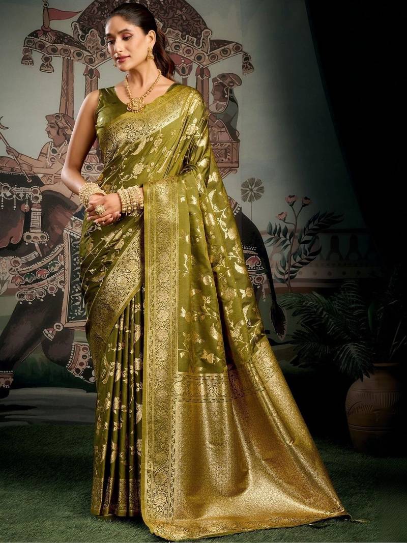 Olive woven design zari art silk banarasi saree