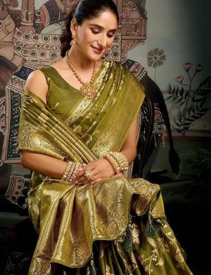 Olive woven design zari art silk banarasi saree 4