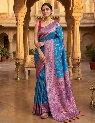 Blue classic indian silk rich woven pallu design sarees 1