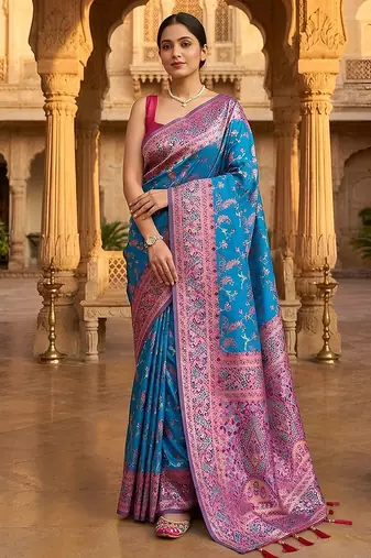 Blue classic indian silk rich woven pallu design sarees