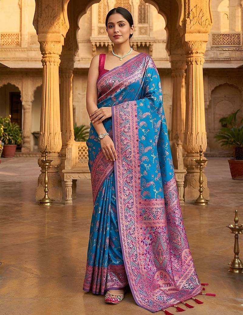 Blue classic indian silk rich woven pallu design sarees