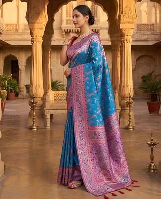 Blue classic indian silk rich woven pallu design sarees 2