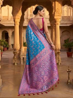 Blue classic indian silk rich woven pallu design sarees 3