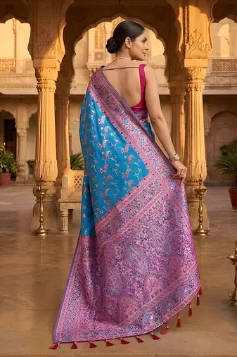 Blue classic indian silk rich woven pallu design sarees