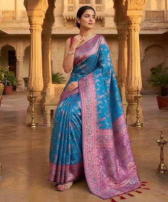 Blue classic indian silk rich woven pallu design sarees 4