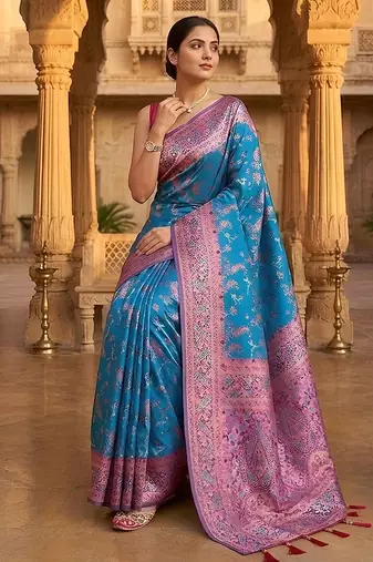 Blue classic indian silk rich woven pallu design sarees