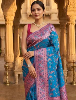Blue classic indian silk rich woven pallu design sarees 5