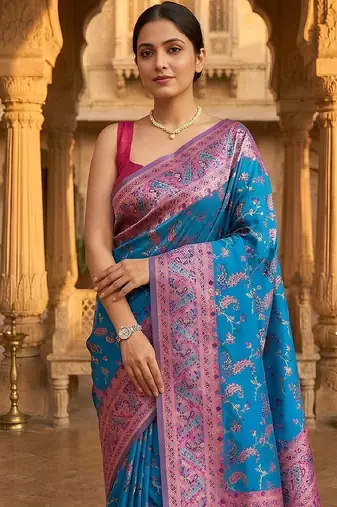 Blue classic indian silk rich woven pallu design sarees
