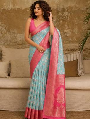 Turquoise woven design zari pure linen banarasi saree 1