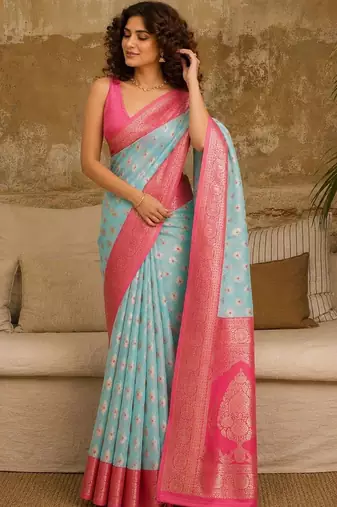 Turquoise woven design zari pure linen banarasi saree