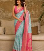 Turquoise woven design zari pure linen banarasi saree