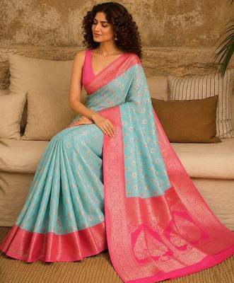 Turquoise woven design zari pure linen banarasi saree 2