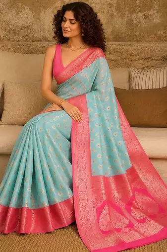 Turquoise woven design zari pure linen banarasi saree