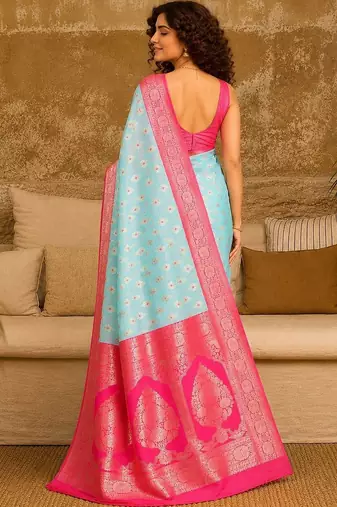 Turquoise woven design zari pure linen banarasi saree