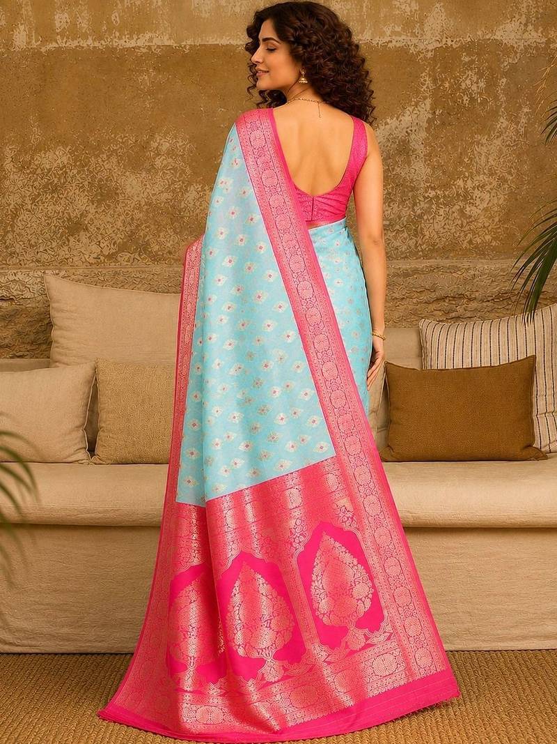Turquoise woven design zari pure linen banarasi saree