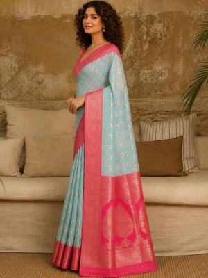 Turquoise woven design zari pure linen banarasi saree 4