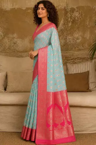 Turquoise woven design zari pure linen banarasi saree