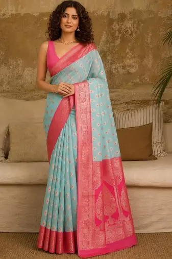 Turquoise woven design zari pure linen banarasi saree