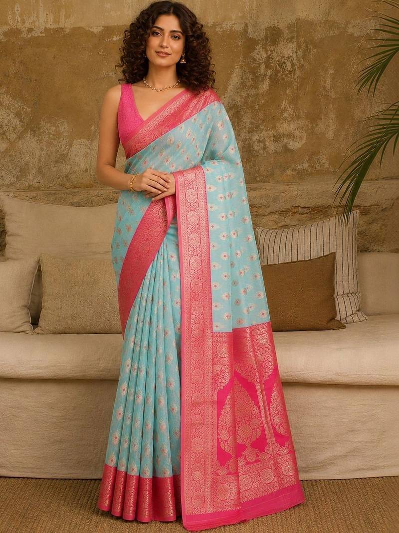Turquoise woven design zari pure linen banarasi saree