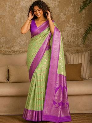 Lime woven design zari pure linen banarasi saree 1