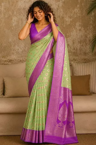 Lime woven design zari pure linen banarasi saree