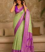 Lime woven design zari pure linen banarasi saree